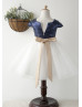 Navy Blue Sequin Ivory Tulle Short Flower Girl Dress 